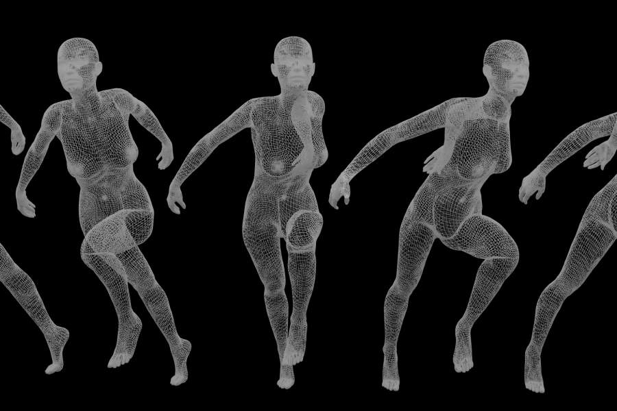 Figuras de mujer corriendo hecha con mallas de puntos a partir de un escaneo en 3D