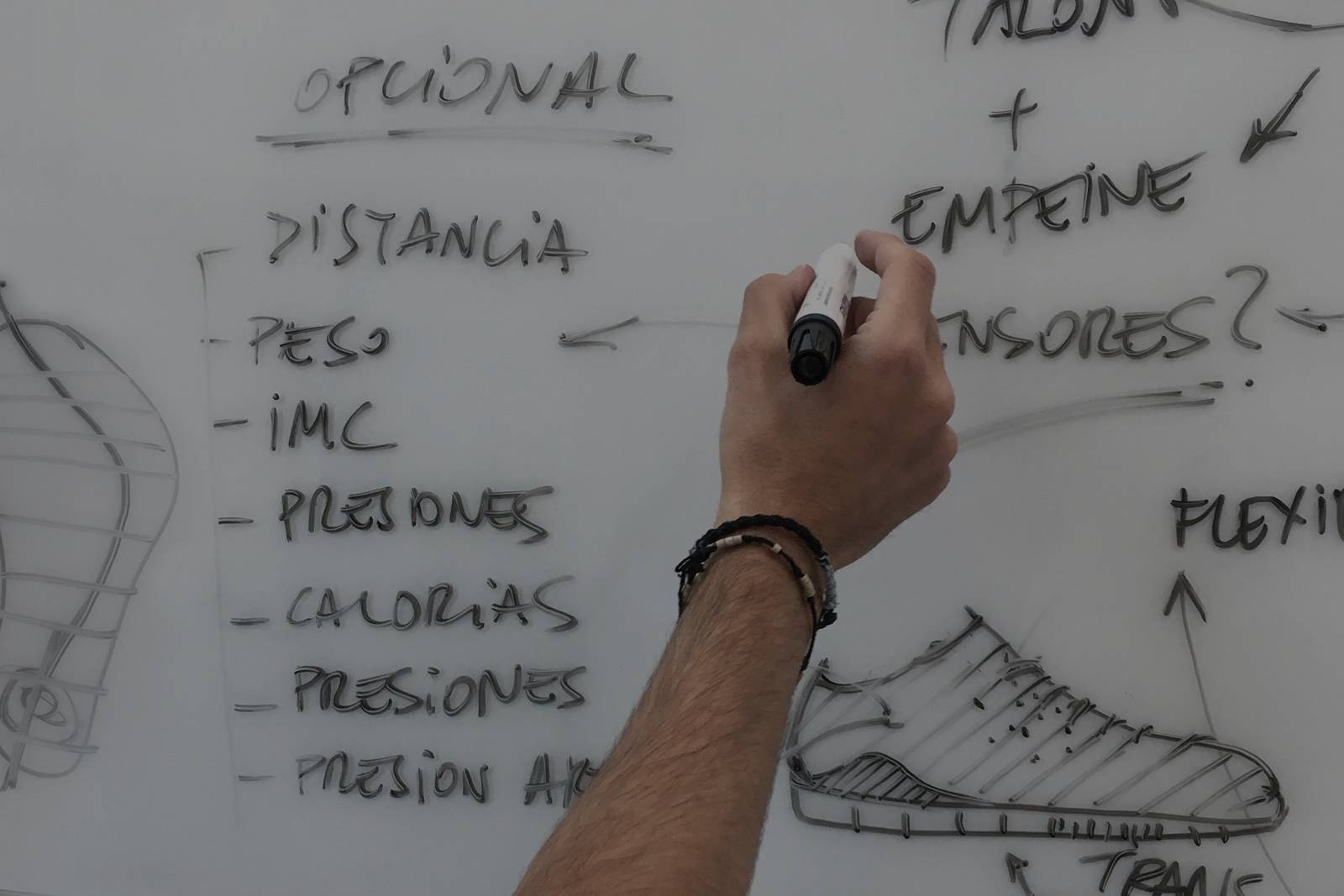 Fotografía de técnico escribiendo en pizarra la descripción del prototipo de una zapatilla deportiva