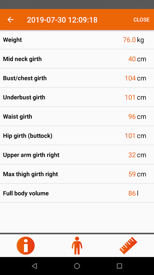 Captura de pantalla de la página de resultados de la aplicación Avatar Body con medidas corporales