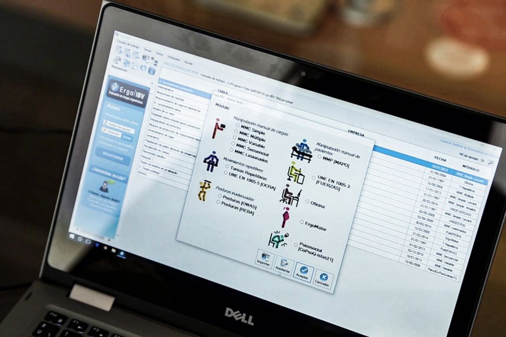 Fotografía de pantalla de ordenador con la página de trabajo de la aplicación Ergo/IBV