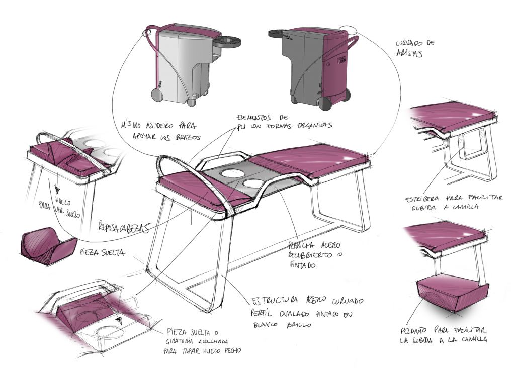 Imágen con el boceto de una camilla especializada y sus detalles