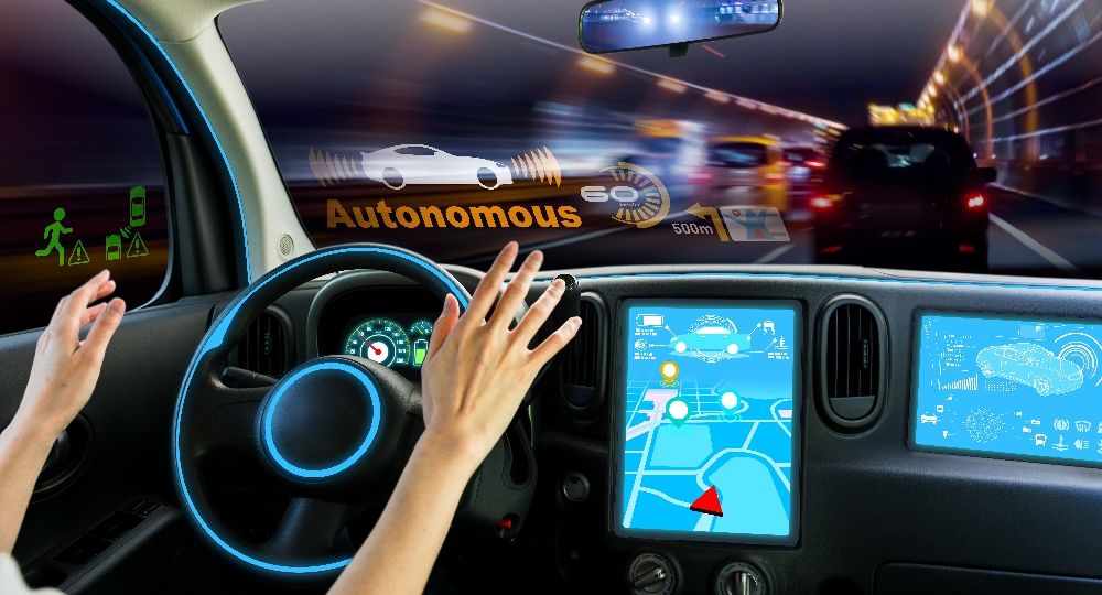 cockpit of autonomous car. self driving vehicle hands free driving.