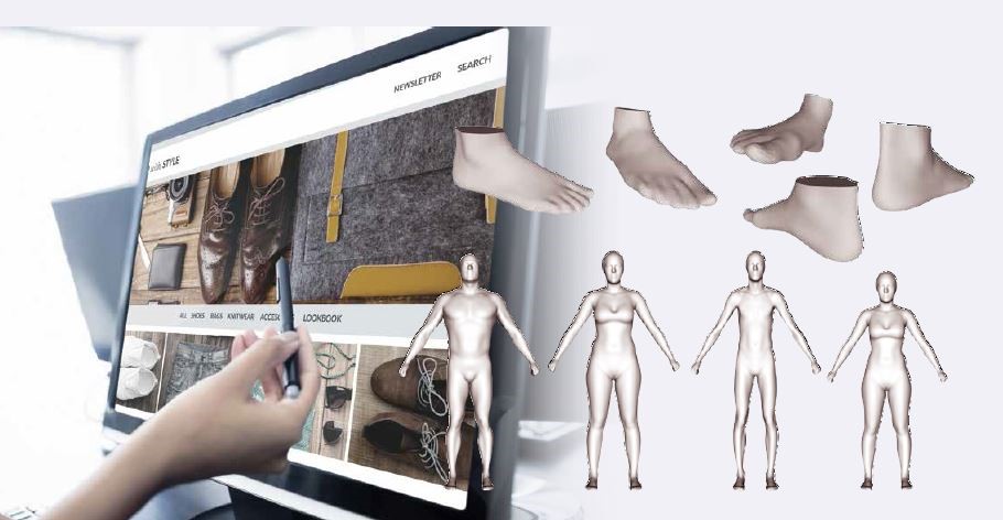 Imagen con una pantalla de ordenador donde se está consultando tipos de calzado con modelos en 3D de pies y figuras humanas