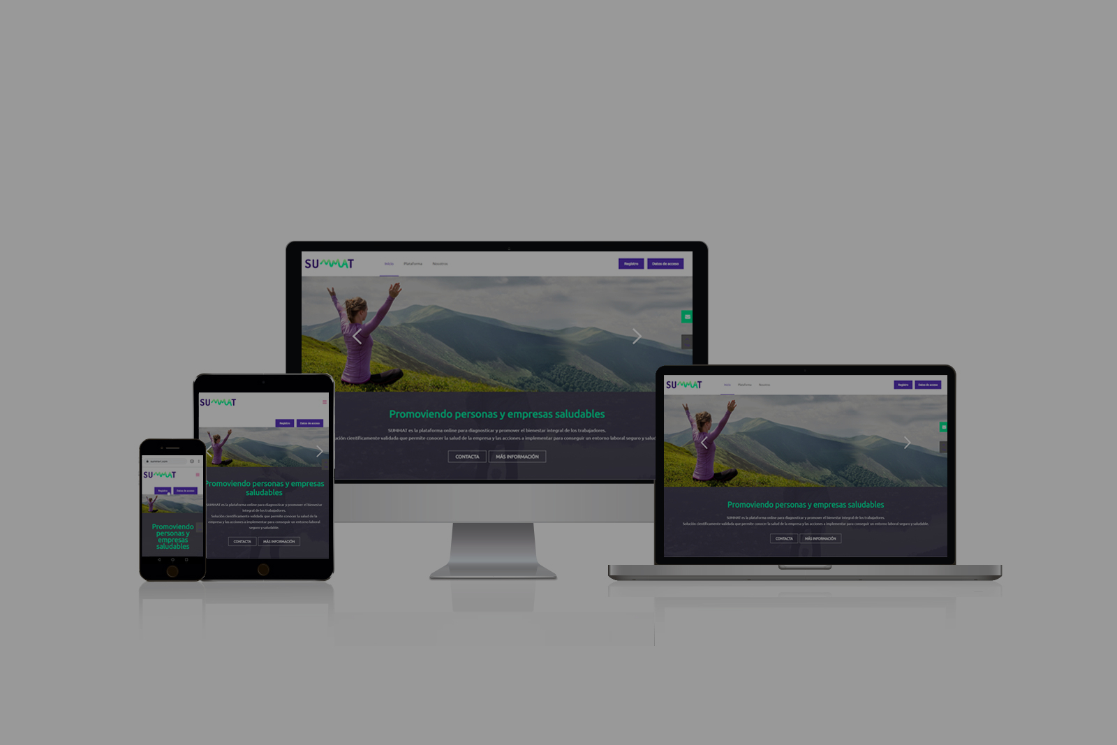 Fotografía de ordenadores, tléfono móvil y tablet con la pagina principal de la aplicación Sumat
