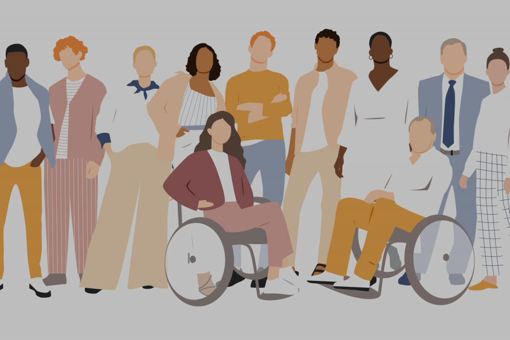 Fondo de pantalla para el plan de igualdad del IBV con dibujo de personas de diferentes condiciones físicas