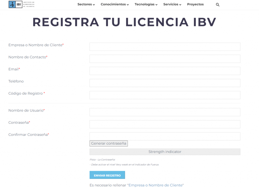 Captura de pantalla de la zona de registro de licencia para el área de clientes del IBV