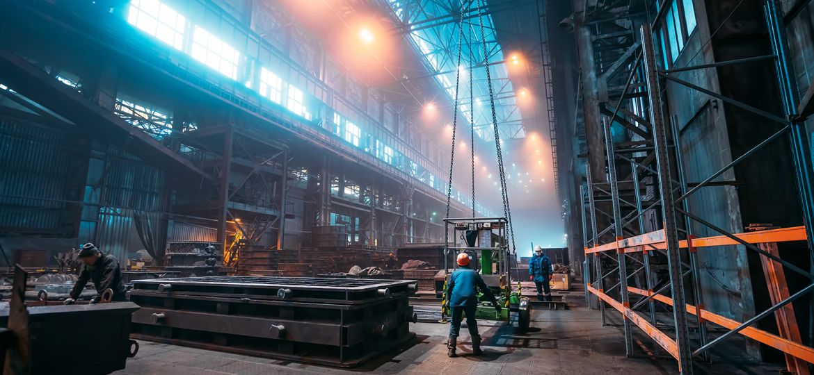 Metallurgical plant or Steel Factory, Large Workshop Interior with industrial cranes and workers, Heavy Industry, Iron and Steelmaking