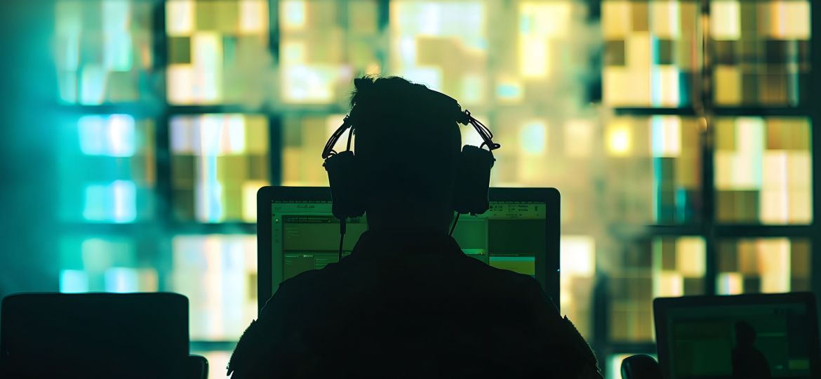 Silhouette of a military man in headphones at a laptop against the background of a video wall of glowing screens contour lighting Concept information gathering surveillance and control : Generative AI