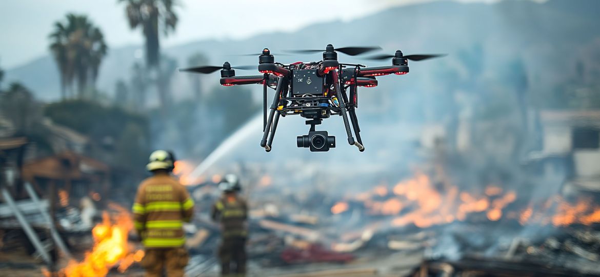 drone hovering over a disaster site, feeding live video back to a firefighter team as they coordinate their rescue efforts