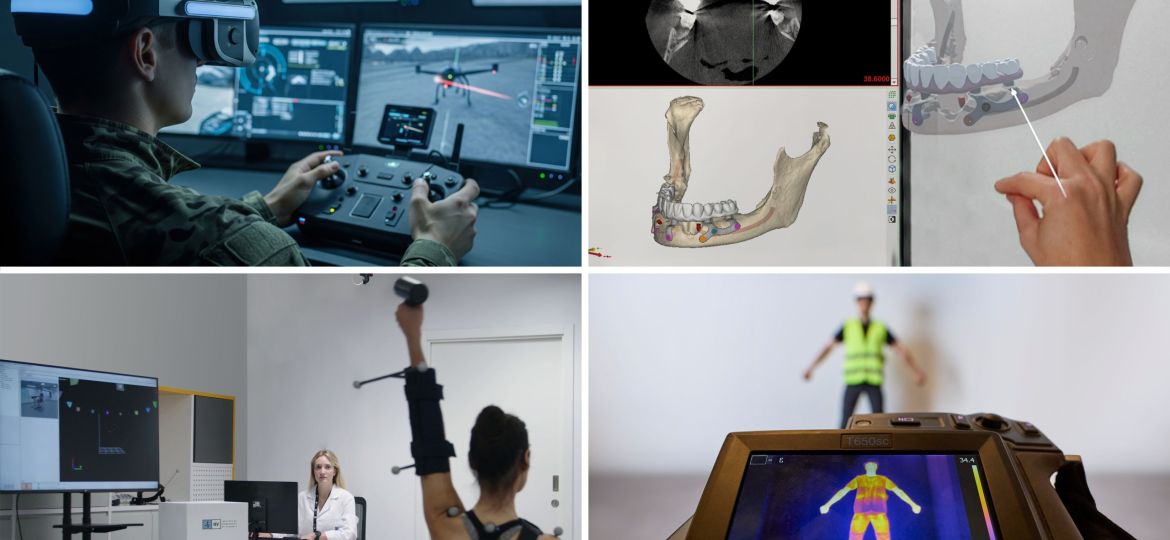 Imagen que muestra algunas de las capacidades del IBV en Defensa y Seguridad, en Salud, en Salud Digital, Tecnología y en el ámbito del Bienestar y la Salud Laboral