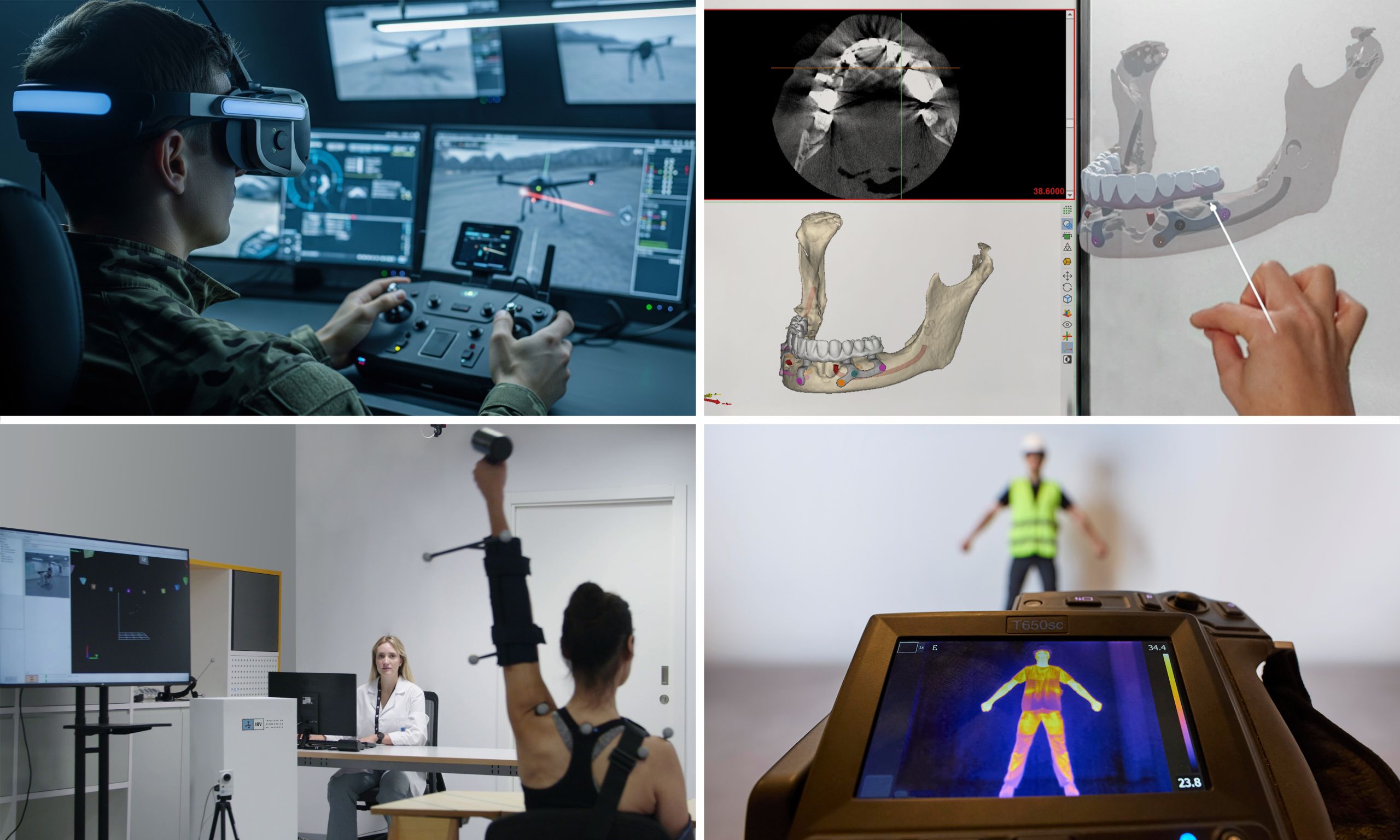 Imagen que muestra algunas de las capacidades del IBV en Defensa y Seguridad, en Salud, en Salud Digital, Tecnología y en el ámbito del Bienestar y la Salud Laboral